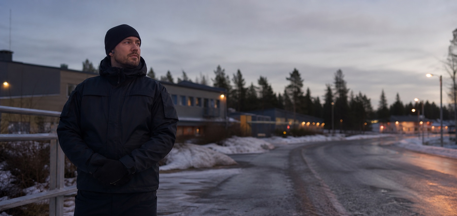Väktare i mörk uniform vid vinterväg och verksamhetslokaler i norrländsk miljö
