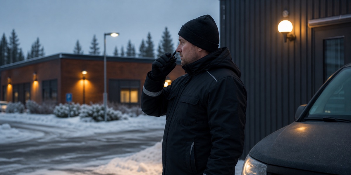 Väktare i profil med kommunikationsradio vid vintermiljö och verksamhetslokaler