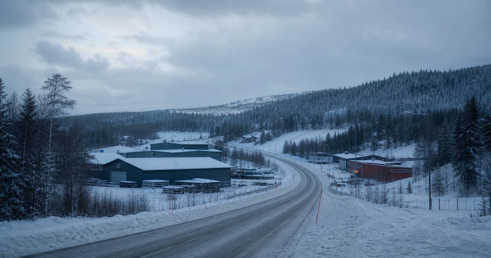 Vinterväg genom norrländsk samhälls- och industrimiljö