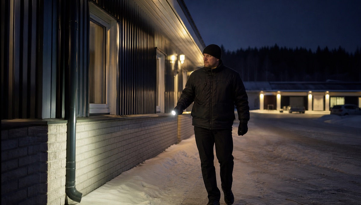 Väktare vid fastighet kvällstid